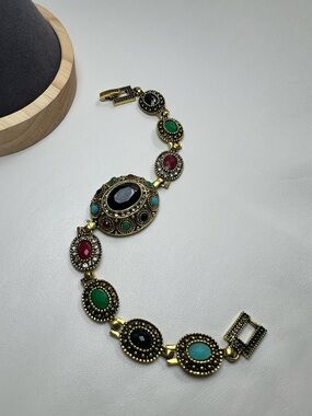 Vintage style NEW antique bronze link colorful rhinestones bracelet